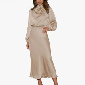 Amazon Women's Long Sleeve Satin Dress - Champagne